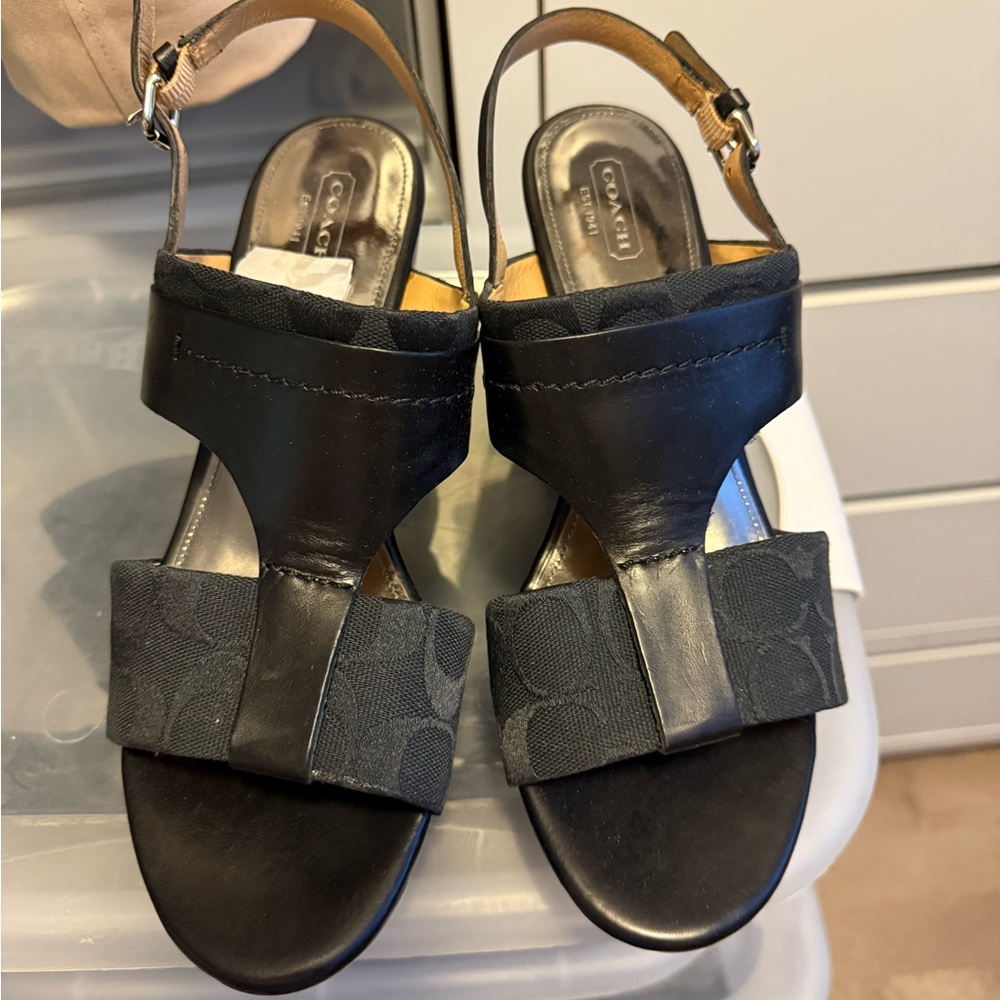Coach Campbell Brown Leather Wood Signature C Platform Wedge Sandal 10M Shoe